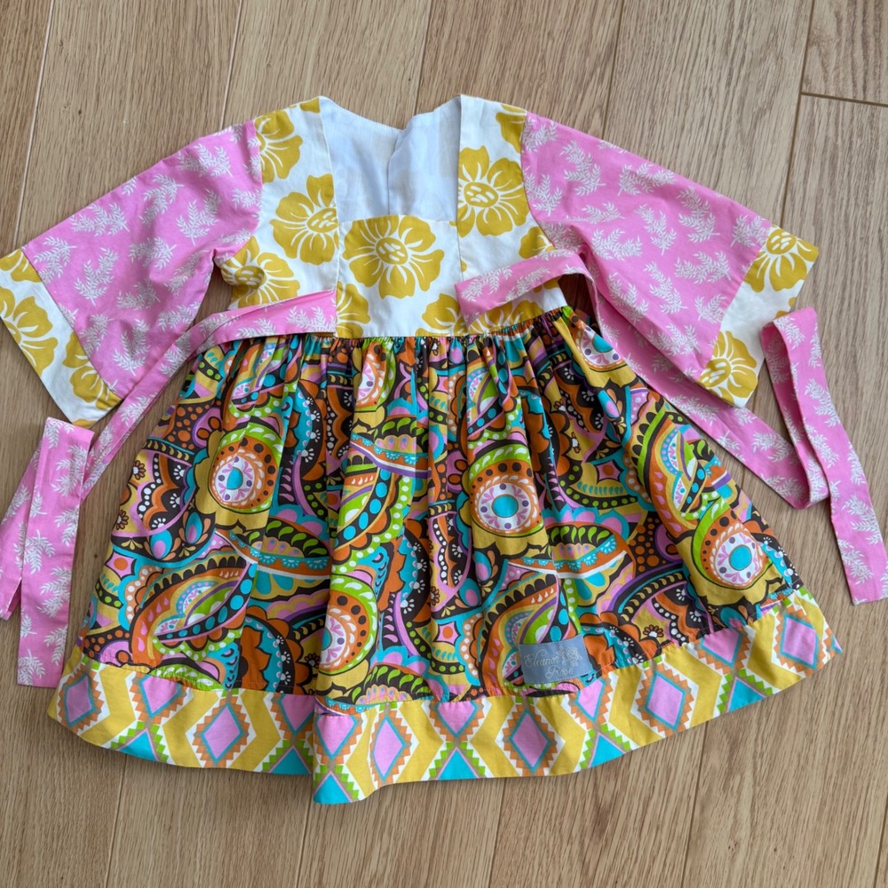 Eleanor Rose Paisley Floral Dress Girls Size 3-4 Pink Yellow Print Boho Kimono